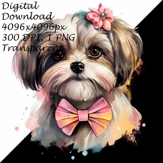 Watercolor Shih Tzu Puppy Dog With Topknot Bowtie