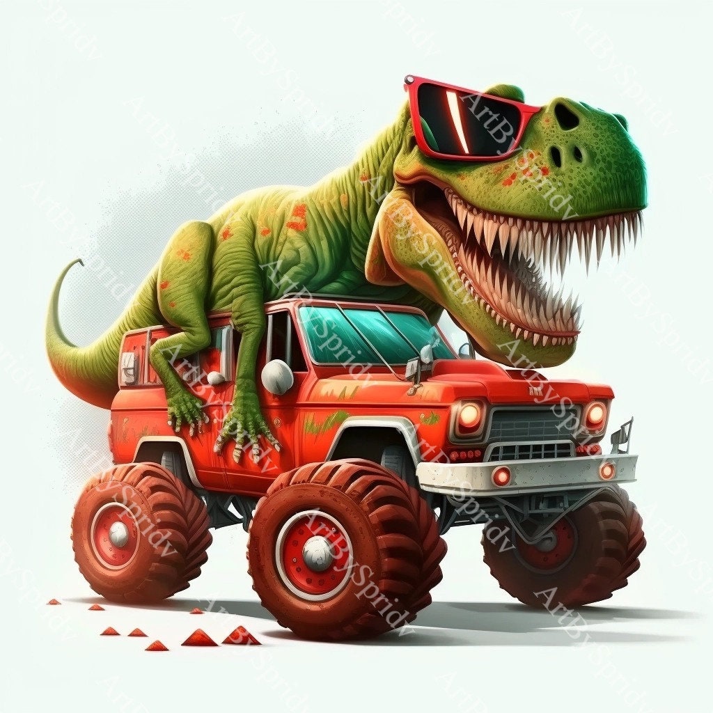 t-rex équitation sur un camion , dessin animé dinosaure personnages  conduite . ai généré 23657829 PNG