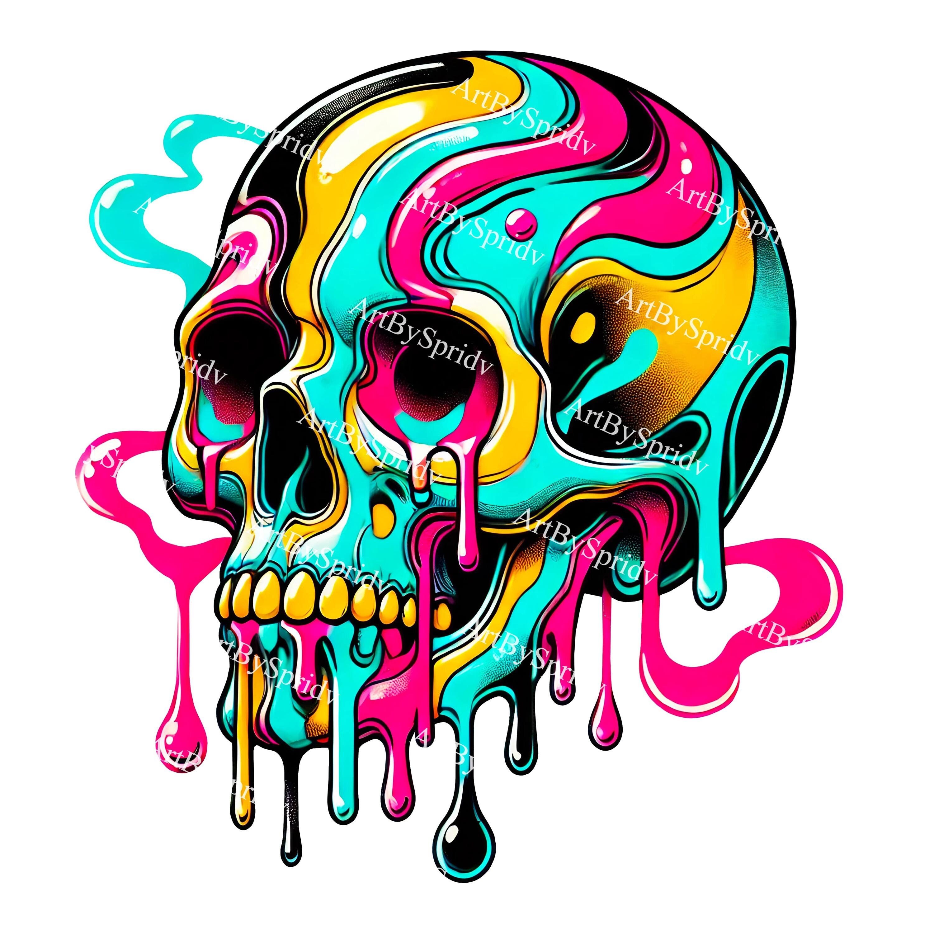 Dripping Skull Clipart, Psychedelic Skull Transparent PNG, Neon