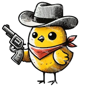 Adorável garota de cowboy amarelo baixar clipart PNG, linda garota ocidental com chapéu e arma de brinquedo, sublimação de camiseta digital, artesanato DIY, cartões