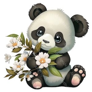 Cute Panda Bear With Flower Bouquet PNG Clipart,Transparent Floral Animal Lover Print Kids Clip Art Design,DIY Printable Sublimation T-Shirt