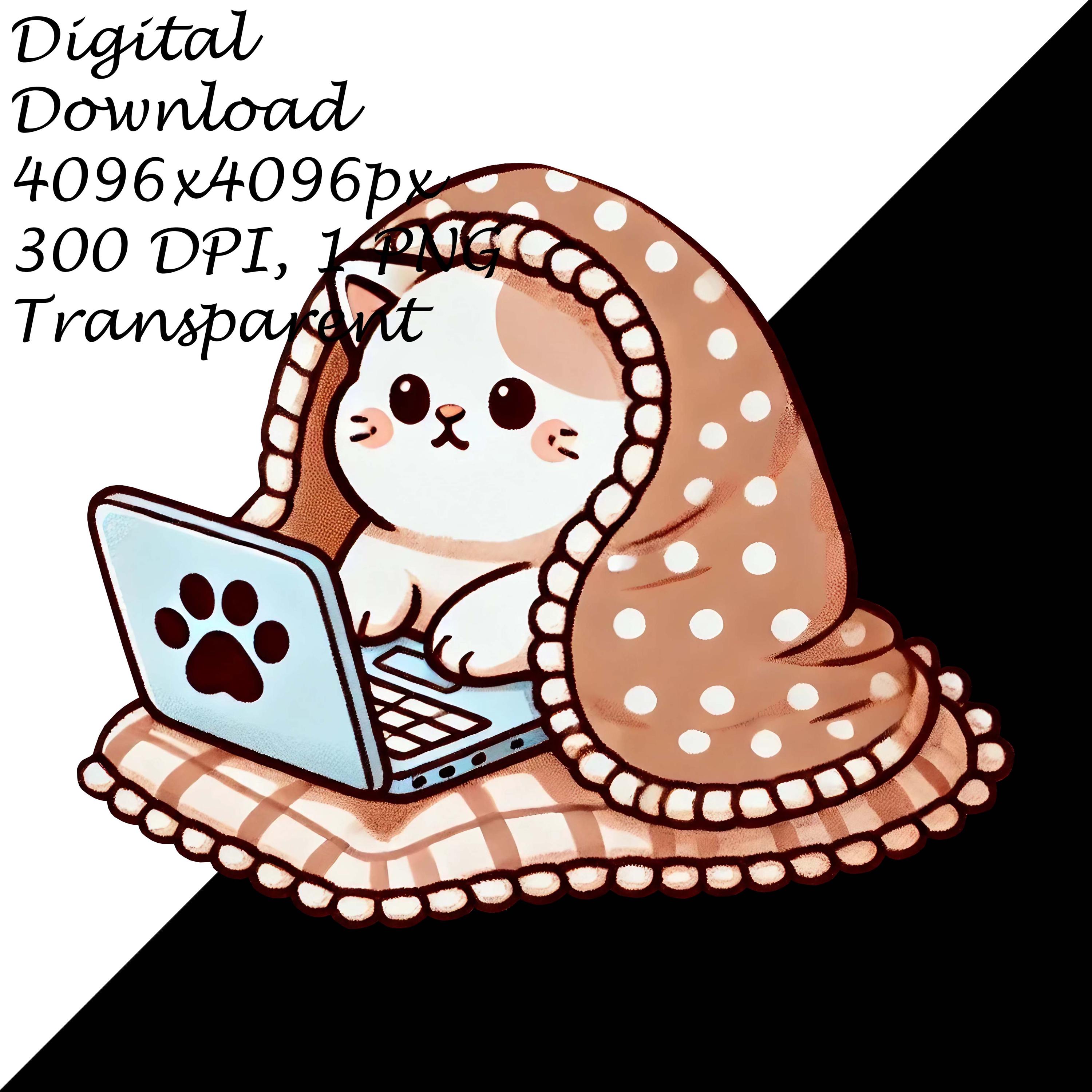 Cat With Laptop Digital PNG Clipart, Cozy Kawaii Kitten Clip Art, Cute ...
