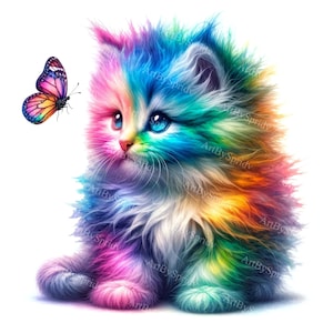 Watercolor Rainbow Kitten Clipart - Colorful Butterfly Cat PNG for T-Shirt, Mug, Tumbler Sublimation & Scrapbooking - Digital Printable Art