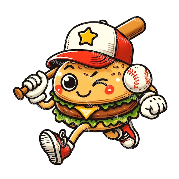 Baseball Cap Burger Clipart-Quirky Digital Illustration for Invitations, Creative Projects, PNG Download, Transparent Clip Art for DIY Craft