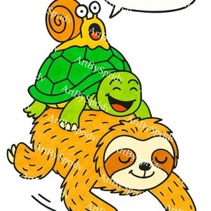 May include: A whimsical illustration of a sloth, turtle, snail, and speech bubble. The sloth is orange, the turtle is green, and the snail is yellow. The speech bubble says "WHEEEEE!"