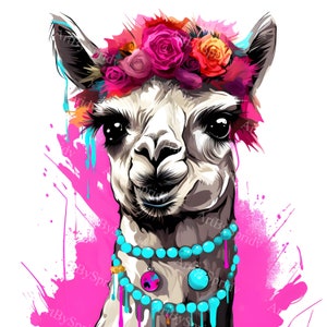 Colorful Boho Llama Clipart - Transparent PNG with Floral Crown & Beaded Necklace, Perfect for T-Shirt Sublimation, DIY Crafts, Home Decor