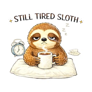 May include: A cartoon illustration of a sleepy sloth holding a coffee mug, with the text "STILL TIRED SLOTH" above. An alarm clock and a pillow are also in the image. The sloth has a grumpy expression.