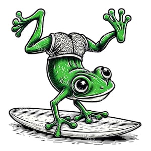Surf grenouille PNG Clipart, Illustration de planche de surf Clip Art, projets d'artisanat bricolage imprimables, décoration de chambre d'enfant, scrapbooking, cartes de voeux