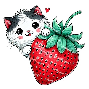 Cat with Strawberry Transparent PNG Clipart - Cute Kawaii Clip Art - Printable Digital Download - Perfect for Stickers, Planners, DIY Crafts