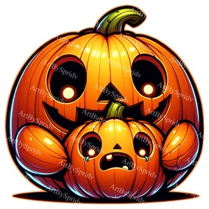 Puede incluir: Una calabaza naranja grande con una cara sonriente tallada está sosteniendo una calabaza naranja más pequeña con una cara triste. Ambas calabazas tienen ojos negros y una boca negra.
