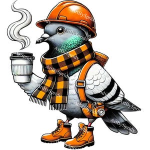 Imágenes prediseñadas de paloma de la construcción: paloma con casco de seguridad y taza de café: PNG digital: imágenes prediseñadas de pájaro trabajador únicas para manualidades de bricolaje e impresiones de camisetas