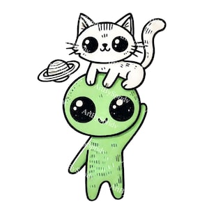 May include: A green alien with large eyes and a friendly smile is wearing a white cat with big eyes on its head. The cat has a ring around its neck and is holding a small planet with a ring around it.