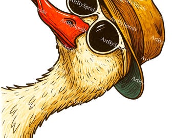 Ganso con gafas de sol (imagen PNG), ilustración de pato con sombrero, diseño de sublimación de ganso divertido y divertido para camisetas y calcomanías.