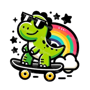 Skateboarding Dinosaur Clipart | Cool T-Rex with Sunglasses Digital PNG | Rainbow Skate Dino Sublimation | Kids Fashion Graphics DIY Craft