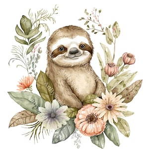 Clipart de perezoso de acuarela con elementos florales: linda ilustración PNG transparente para calcomanías, tarjetas, manualidades, decoración de guardería, camisetas DTG