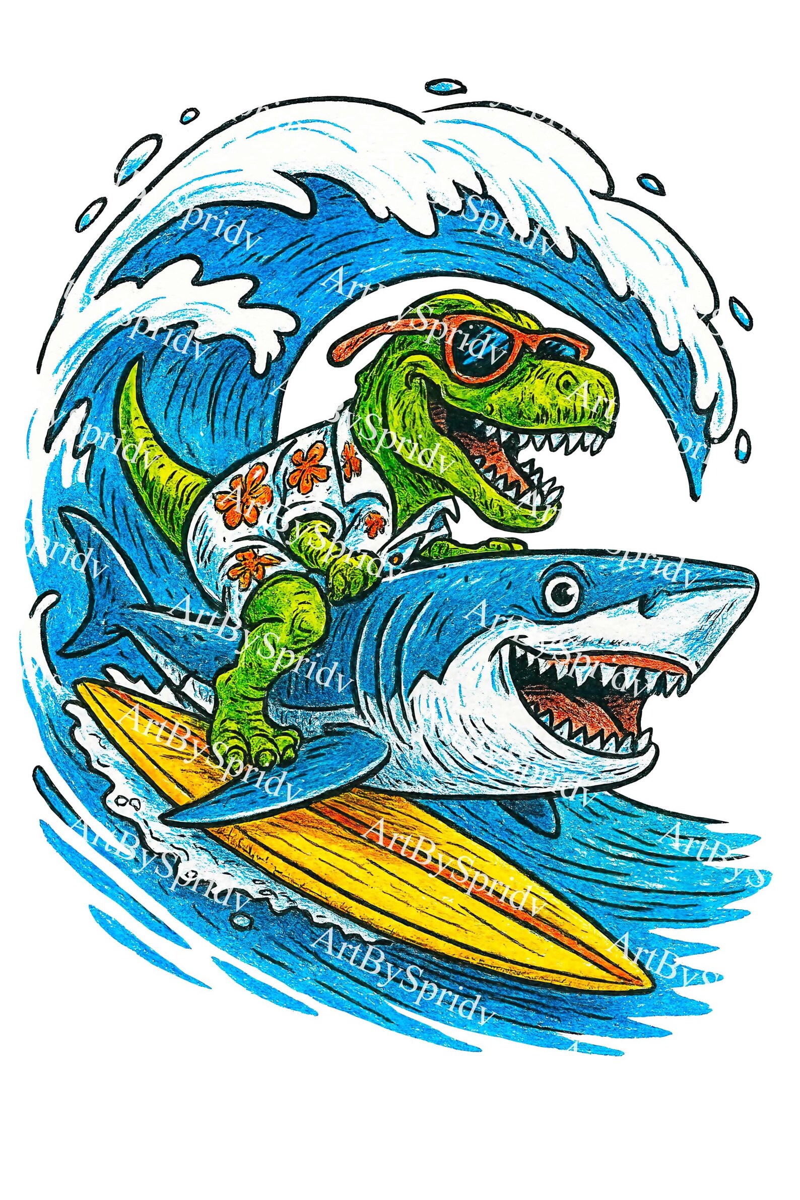 T-rex Riding Shark Surfing Clipart PNG, Funny Dinosaur in Hawaiian ...