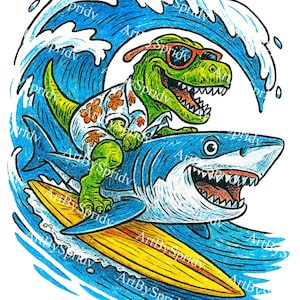 T-rex Riding Shark Surfing Clipart PNG, Funny Dinosaur in Hawaiian ...