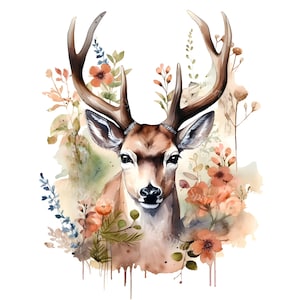 Clipart de ciervo en acuarela con astas florales: descarga digital, diseño de sublimación, PNG transparente, impresión de alta calidad, suministros para manualidades