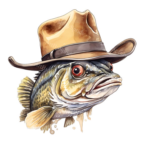 Watercolor Cool Bass Fish With Cowboy Hat Clip Art Printable T Shirt, Mug  Sublimation Transparent PNG Clipart-commercial, Digital Download 