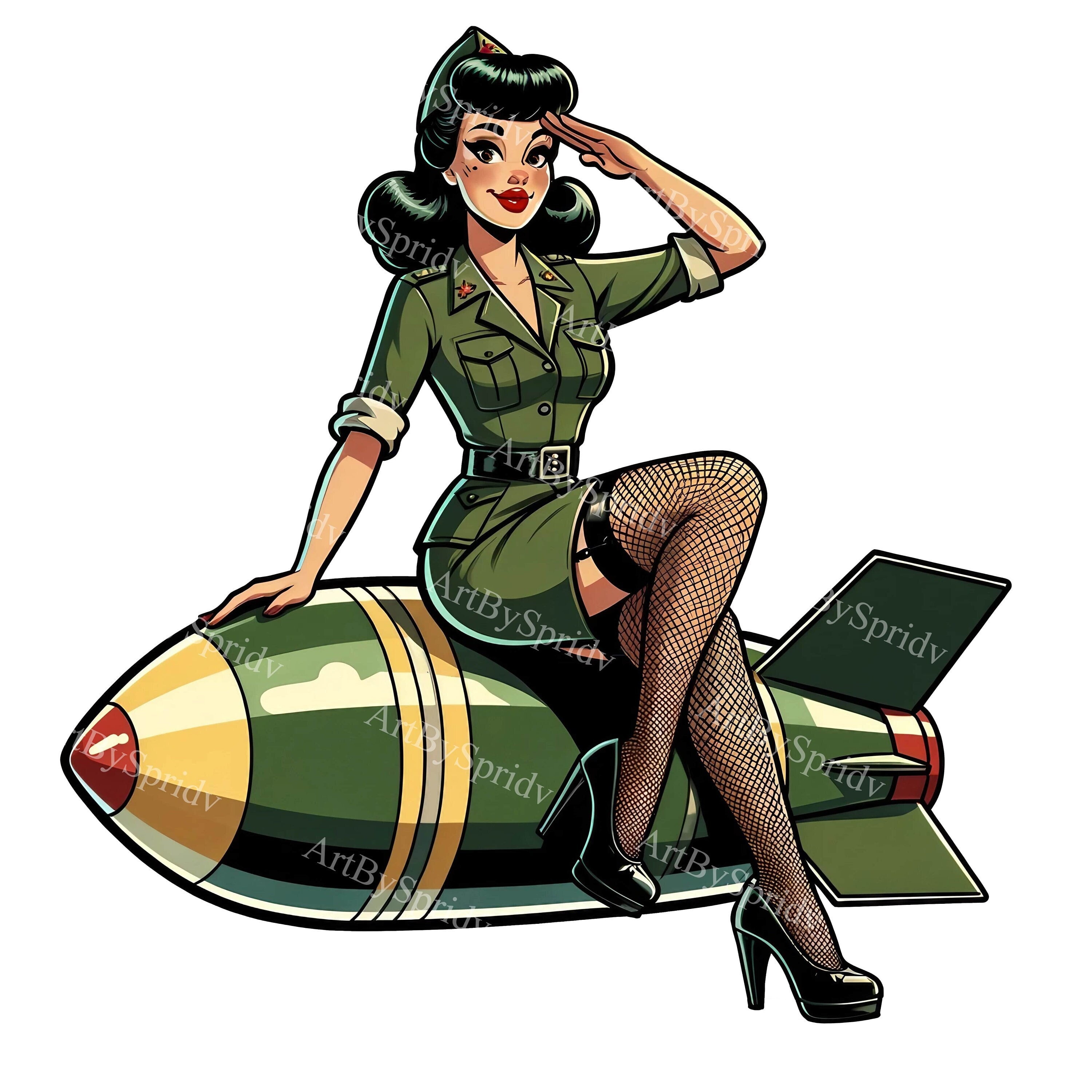 Vintage Pin-up Woman Seated on Bomb Illustration, Military