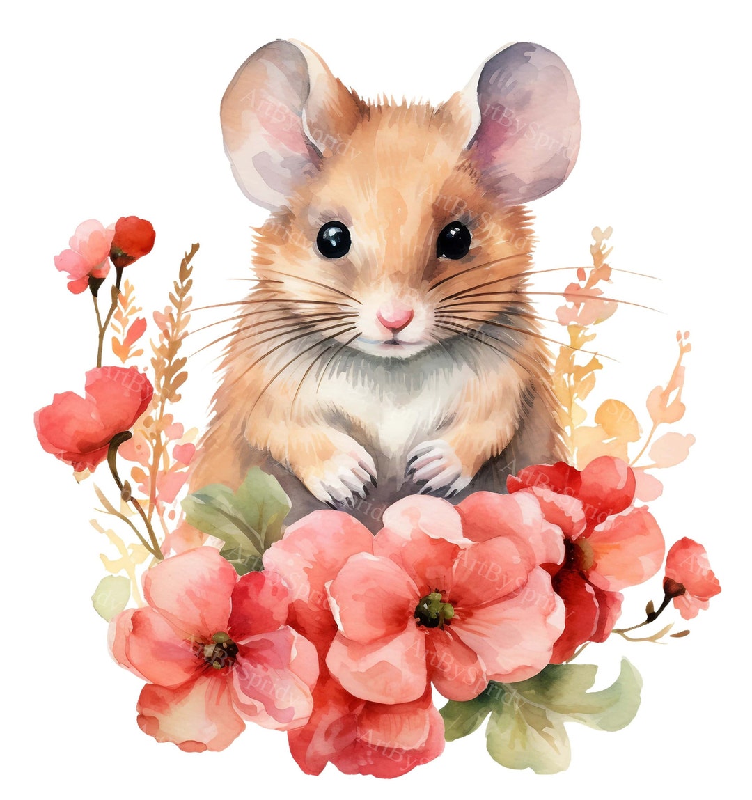 Watercolor Mouse With Flower Transparent 4 PNG Clipart-printable T ...