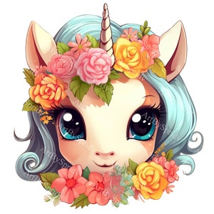 Entzückende Cartoon Einhorn Clipart mit Blumenkrone-süßes Baby Einhorn Digital Download-Transparent PNG für Handwerk, Einladungen, Kinderzimmer Dekor