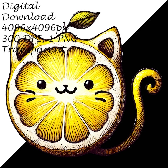 かわいいレモン猫 PNG、かわいい柑橘類の猫のクリップアート、手描きの