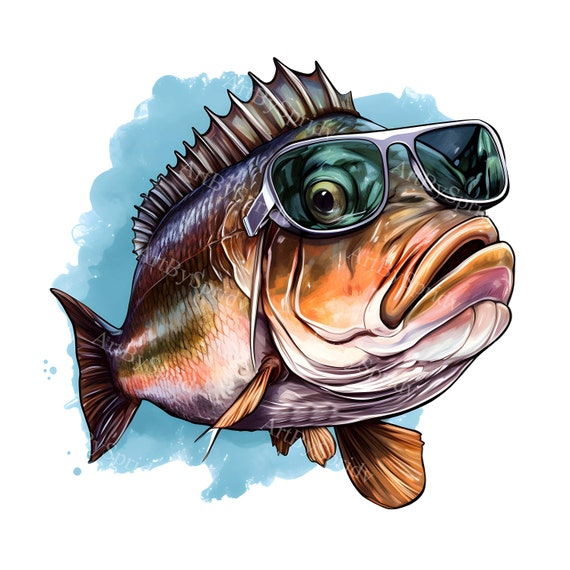 Watercolor Cool Bass Fish with Sunglasses Clip Art - Printable T Shirt, Mug  Sublimation Transparent PNG Clipart-Commercial, Digital Download