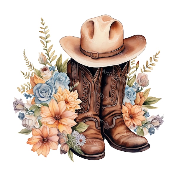 Watercolor Boho Cowgirl Boots, Hat And Flowers PNG Clipart - Western Printable T-Shirt, Mug Sublimation Vintage Clip Art - Wild West Rodeo