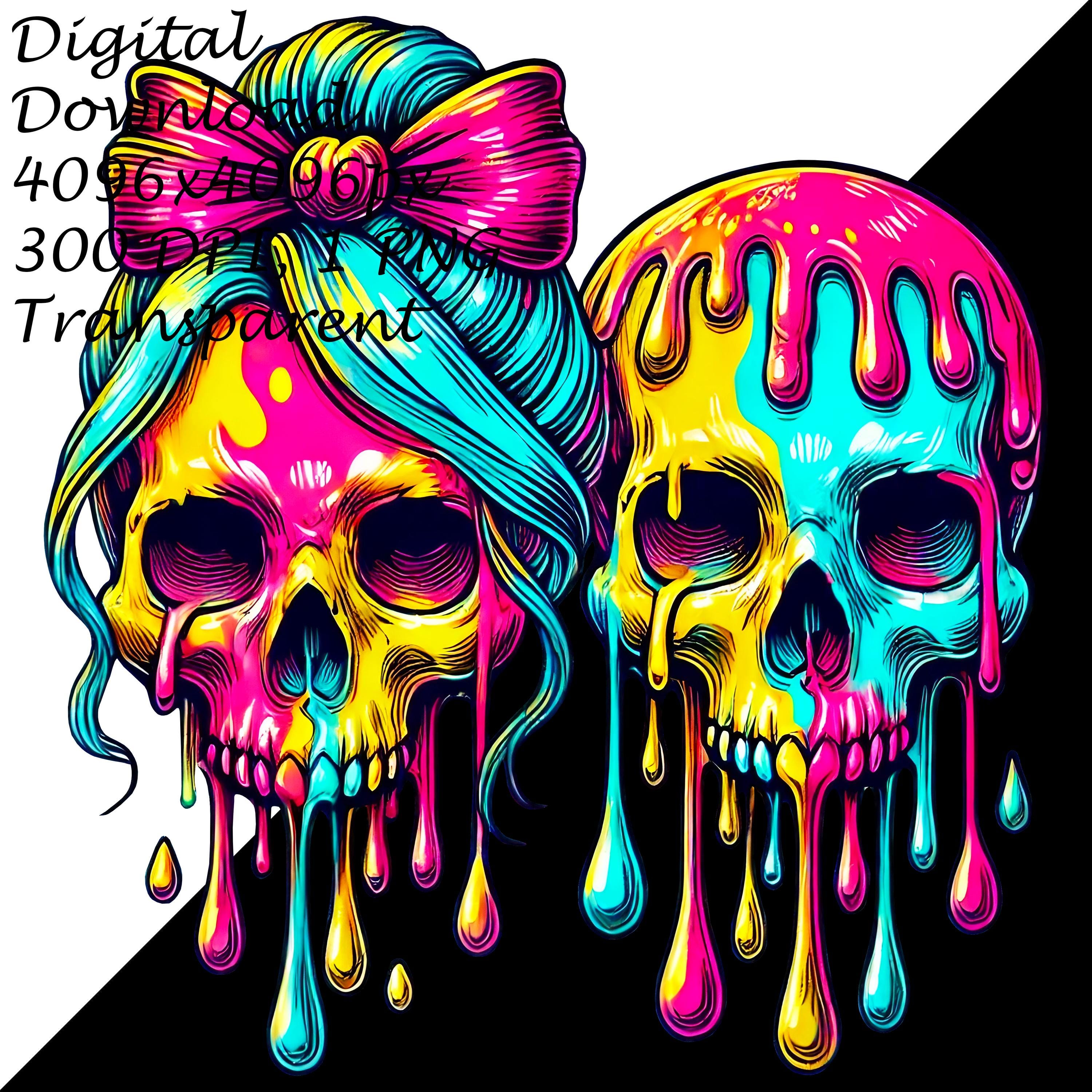 Neon Dripping Skull Couple PNG, Gothic Aesthetic Skull Art