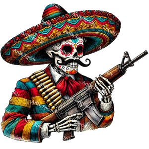 May include: A colorful Day of the Dead skeleton wearing a traditional Mexican sombrero and holding a rifle. The skeleton has a painted skull with flowers and a mustache.