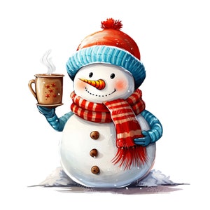 クリスマス雪だるまとコーヒーカップ - 透明な PNG クリスマス クリップアート - 印刷可能な T シャツ、マグカップ、タンブラー DTG 昇華クリップアート、DIY コマーシャル