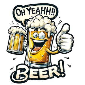 Puede incluir: Un vaso de cerveza de dibujos animados con una cara sonriente, pulgar hacia arriba y un globo de diálogo que dice "Oh Yeahhh!" El vaso está lleno de cerveza amarilla y espuma blanca. El texto "BEER!" está debajo del vaso.