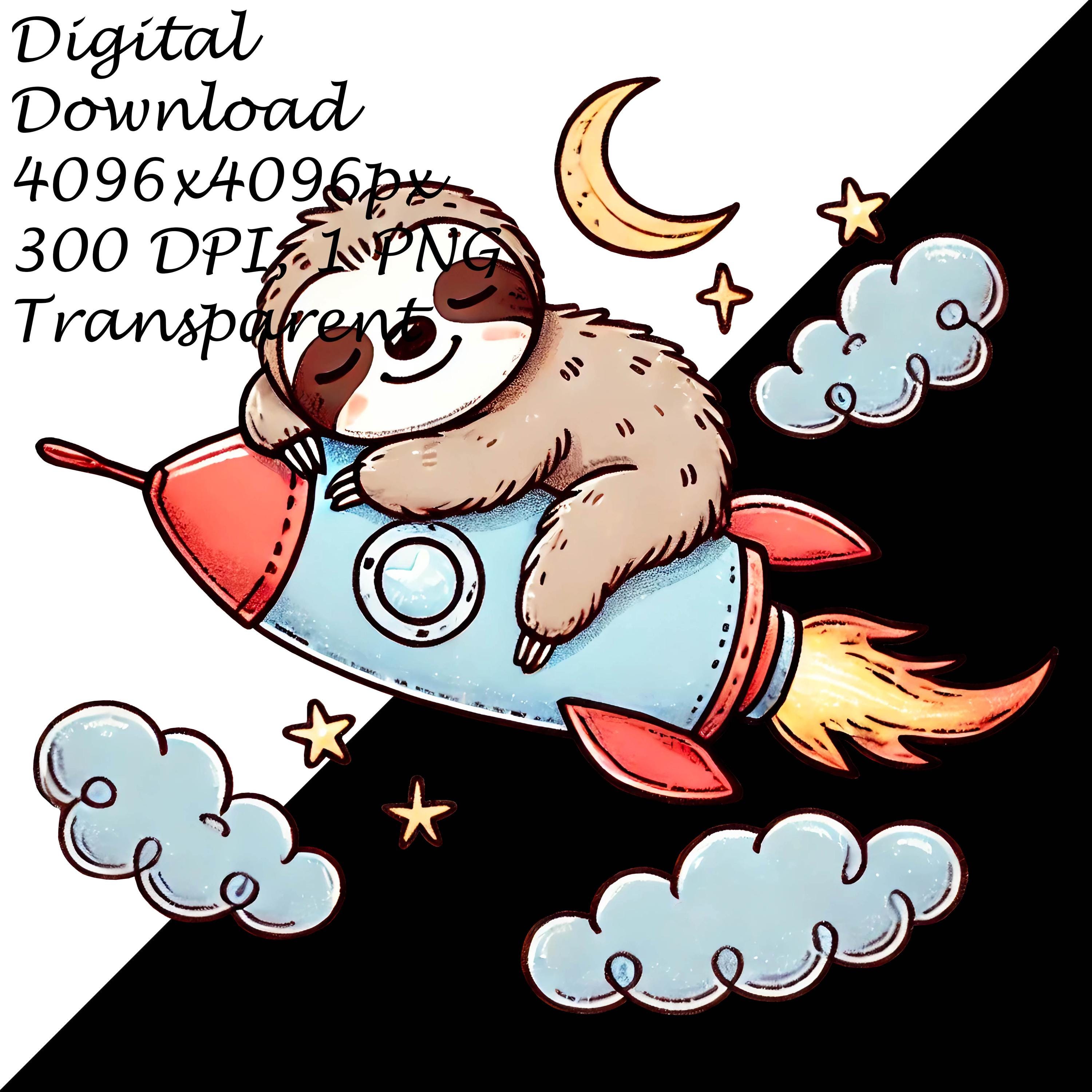 Sloth on Rocket PNG, Kawaii Space Sloth Illustration, Hand-drawn ...