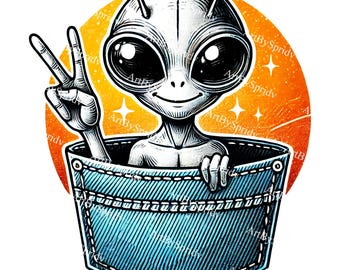 Lindo extraterrestre de bolsillo PNG, divertida sublimación de ovnis extraterrestres, clipart de amante del espacio, signo de paz extraterrestre de ciencia ficción, descarga digital cósmica retro