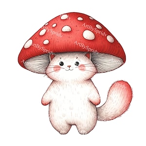 Chat avec chapeau champignon rouge téléchargement PNG Clipart, illustration animale mignonne chat Kawaii numérique clipart, fantaisiste et amusant pour les projets de bricolage