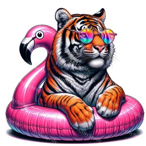May include: A tiger wearing rainbow sunglasses sits in a pink inflatable flamingo pool float. The tiger has black stripes and a white chest.