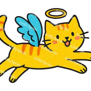 Cute Angel Cat PNG Clipart, Kawaii Yellow Kitty with Wings and Halo, Flying Cartoon Cat Sublimation, Pet Loss Rainbow Bridge Printable Art