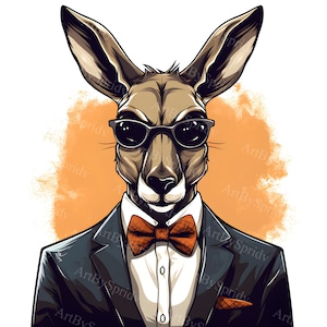 Elegant Kangaroo in Suit with Sunglasses & Bow Tie PNG Clipart, Animal Illustration for T-Shirt Sublimation, Invitations, Digital DIY Craft