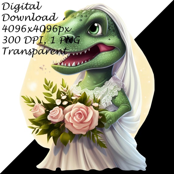Bridal Dinosaur Clipart - T-rex in Wedding Dress Illustration, Cute Dino Wedding PNG, Prehistoric Bride Sublimation Design, Digital Download