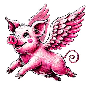 Cerdo rosa volador con alas, clipart digital: lindo clip art PNG transparente para decoración infantil, manualidades, calcomanías y proyectos únicos para imprimir