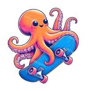 Skateboarding Octopus Clipart - Colorful, Playful Digital PNG Clip Art for T-Shirt Design,DIY Craft Project,Scrapbooking,T-Shirt Sublimation