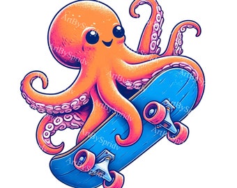 Skateboarding Octopus Clipart - Colorful, Playful Digital PNG Clip Art for T-Shirt Design,DIY Craft Project,Scrapbooking,T-Shirt Sublimation