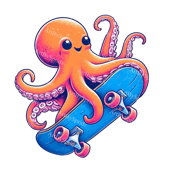 Skateboarding Octopus Clipart - Colorful, Playful Digital PNG Clip Art for T-Shirt Design,DIY Craft Project,Scrapbooking,T-Shirt Sublimation