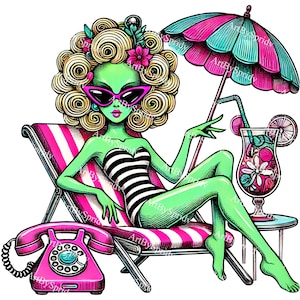 Clipart de glamour extraterrestre retro junto a la piscina / Mujer extraterrestre verde PNG con cóctel, vibraciones vintage para camisetas, sublimación de tazas, manualidades y grabados DIY
