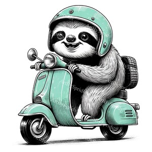 Cartoon Sloth Clipart on Scooter | Helmet-Wearing Sloth Illustration | PNG Clipart for Sublimation & Printable DIY Crafts | Friendly Theme