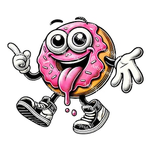 Donut Cartoon PNG, Cute Pink Frosted Donut with Sneakers Clipart, Kawaii Dessert Character for T-Shirt, Mug Sublimation, Stickers & Apparel