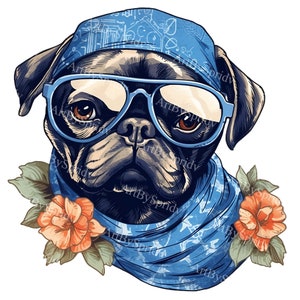 Cool Pug Dog PNG Clipart, Hipster Pug Wearing Sunglasses & Bandana with Flowers Clip Art for T-Shirt. Mug, DIY Craft, Printable Designs