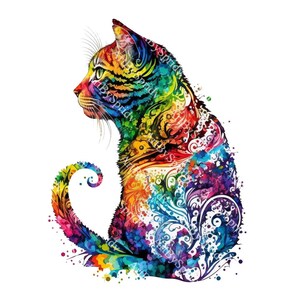 May include: A colorful cat illustration with a rainbow color scheme and intricate floral patterns. The cat is sitting with its tail curled around its body.