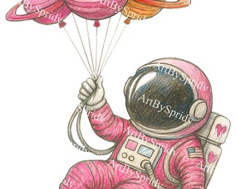 Wunderlicher Astronaut mit Planetenballons PNG | Transparente Space Art Print für Kinderzimmer, Kinderzimmer, kosmisches Dekor & digitaler Download, DIY